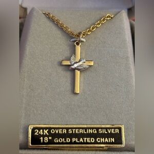 CROSS WITH DOVE NECKLACE - 24k GOLD OVER STERLING SILVER 18” GOLD-PLATED CHAIN